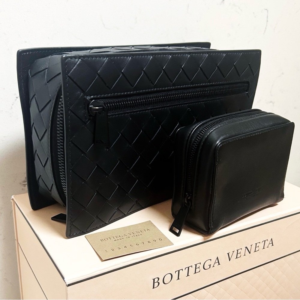 Authentic Bottega Veneta Black Intrecciato Quilted Clutch / Cosmetic Bag Set